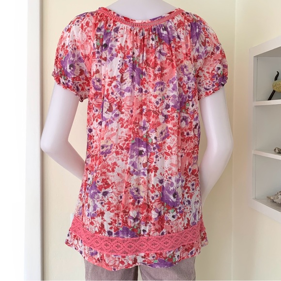 pink purple floral print cap short sleeve blouse with tassels - Picture 10 of 16